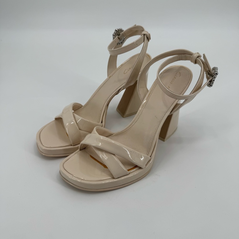 Circus by Sam Edelman Nude Patent Block Heel Sandals with Rhinestone Buckle - Picture 3 of 10